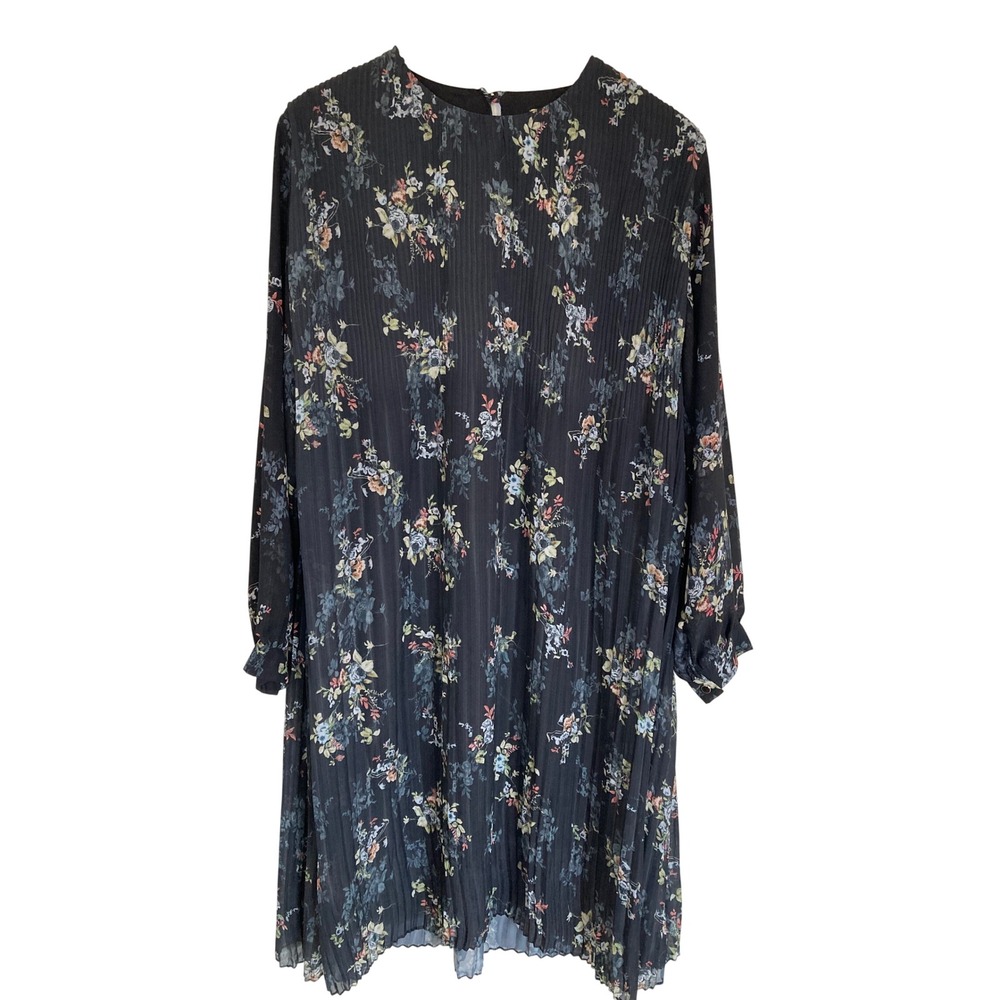 Hesna Black Floral Pleated Long Sleeve Shift Dress Size 50 Made in Turkey